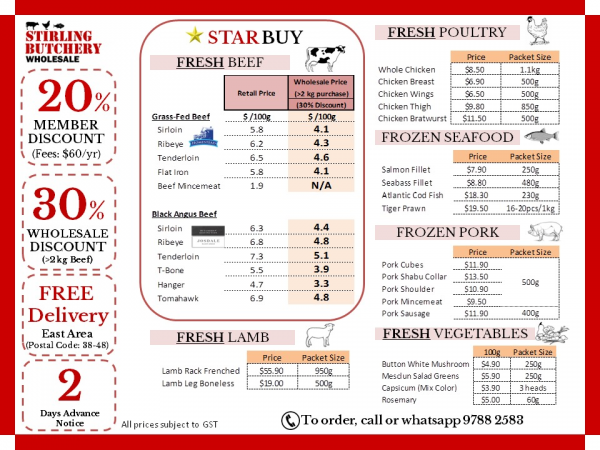 Stirling Butchery Price Menu
